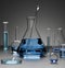 Laboratory flasks and measurements with blue liquid