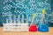 Laboratory glassware with blackboard background with various chemical formulas