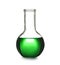 Laboratory glassware with color sample on white background.