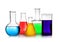 Laboratory glassware with different samples on white. Solution chemistry