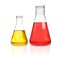 Laboratory glassware with different samples on white. Solution chemistry