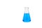 Laboratory glassware with liquid on white background. glass chemical flask with blue reagent