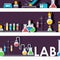 Laboratory glassware on shelves, vector illustration. Chemistry lab research symbols in flat style, chemical flask