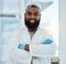 Laboratory, medical science and portrait of a man for research, study and career pride. Happy black male person or
