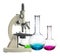 Laboratory metal microscope and test tubes with liquid isolated