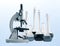 Laboratory metal microscope and test tubes with liquid toning