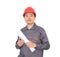 Laborer in red hard hat holding drawings in hand standing in front of white background