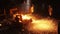 Laborer stands by tank with liquid metal and sparks spread