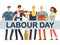 Labour Day banner with cartoon professionals isolated on white background