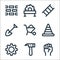 Labour day line icons. linear set. quality vector line set such as raise hand, hammer, gear, traffic cone, wheelbarrow, shovel,