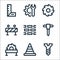 labour day line icons. linear set. quality vector line set such as screw, traffic cone, saw machine, jackhammer, brick wall,
