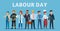 Labour day. Professional workers group, happy professionals of different jobs standing together and Labor Day poster or