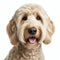 Labradoodle dog close up portrait isolated on white background. ai generative