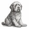 Labradoodle dog, engraving style, close-up portrait, black and white drawing,