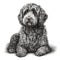 Labradoodle dog, engraving style, close-up portrait, black and white drawing,