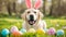 Labrador dog with bunny ears and colorful easter eggs on grass