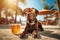 Labrador dog is relaxing on the beach with a cocktail. A summer holiday concept. Generative AI