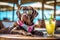 Labrador dog is relaxing on the beach with a cocktail. A summer holiday concept. Generative AI