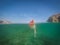 Labrador dog swimming with a frisbee Curacao views