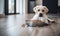 Labrador puppy beside a scattered food bowl. Created with AI