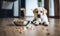 Labrador puppy beside a scattered food bowl. Created with AI