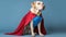 Labrador Retriever Dog In A Superhero Costume With A Cape And Mask On Blue Background. Generative AI