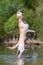 Labrador retriever jumping in a lake to catch a ball