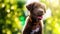 Labrador Retriever puppy with bokeh sunset