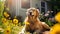 Labrador sits in garden surrounded by yellow flowers