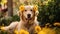 Labrador sits in garden surrounded by yellow flowers