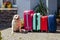 Labrador suitcase isolated baggage luggage vacation gold multicolored pink blue ready holiday summer dog pet animal expectation