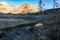 Labrinth of water through grassy shoreline with ice