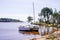 Lacanau water lake with small fishing boats at harbor