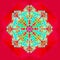LACE FLOWER MANDALA IN A RED BACKGROUND . WITH A CENTRAL FLOWER IN FUCHSIA. BRIGHT COLORS AQUAMARINE,TURQUOISE