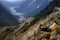 Lachung river flowing through Yumthang Valley or Sikkim Valley of Flowers sanctuary, Himalayan mountains at North Sikkim, India.