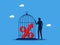 Lack of freedom. Lock interest rates. man locking percentage icon in birdcage