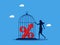 Lack of freedom. Lock interest rates. woman locking percentage icon in birdcage