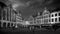 lack and White Photo of Medieval houses with Step Gables lining the central Markt Market Square in Bruges