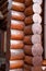 Lackered Warm corner of a log wooden blockhouse, close-up. Wooden house construction, architecture