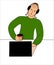 Laconic vector for design. Young man with laptop and a cup of coffee. Minimalistic line