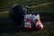 LACROSSE SHOES AND HELMET SIT AT THE READY