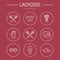 Lacrosse sport game vector line icons. Ball, stick, helmet, gloves, girls goggles. Linear signs set, championship