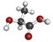 Lactic acid (L-lactic acid) milk sugar molecule. Building block of polylactic acid (PLA) bioplastic. Found in milk. Atoms are