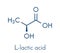 Lactic acid L-lactic acid milk sugar molecule. Building block of polylactic acid PLA bioplastic. Found in milk. Skeletal.