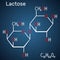 Lactose, milk sugar molecule, it is a disaccharide. Structural chemical formula and molecule model on the dark blue background