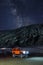 Ladakh, India - August 24th, 2022: Extreme long exposure image showing Milkyway Galaxy over an SUV offroad vehicle in the