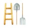 Ladder, hayfork and shovel as set of gardening equipment for spring advertising. Hand drawn in watercolor