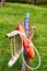 Ladder and lifebuoy at the edge of a lake in a park