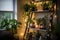 ladder shelf with potted plants and fairy lights