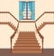 Ladder with steps, balusters and handrails. Stairs, classical stairsace with wooden banisters